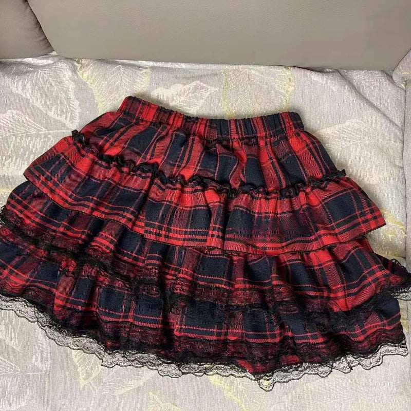 Scene Red Plaid Lace-Trim Ruffle Mini Skirt