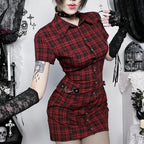 Scene Women's Red Plaid Gothic Mini Dress with Chain Details