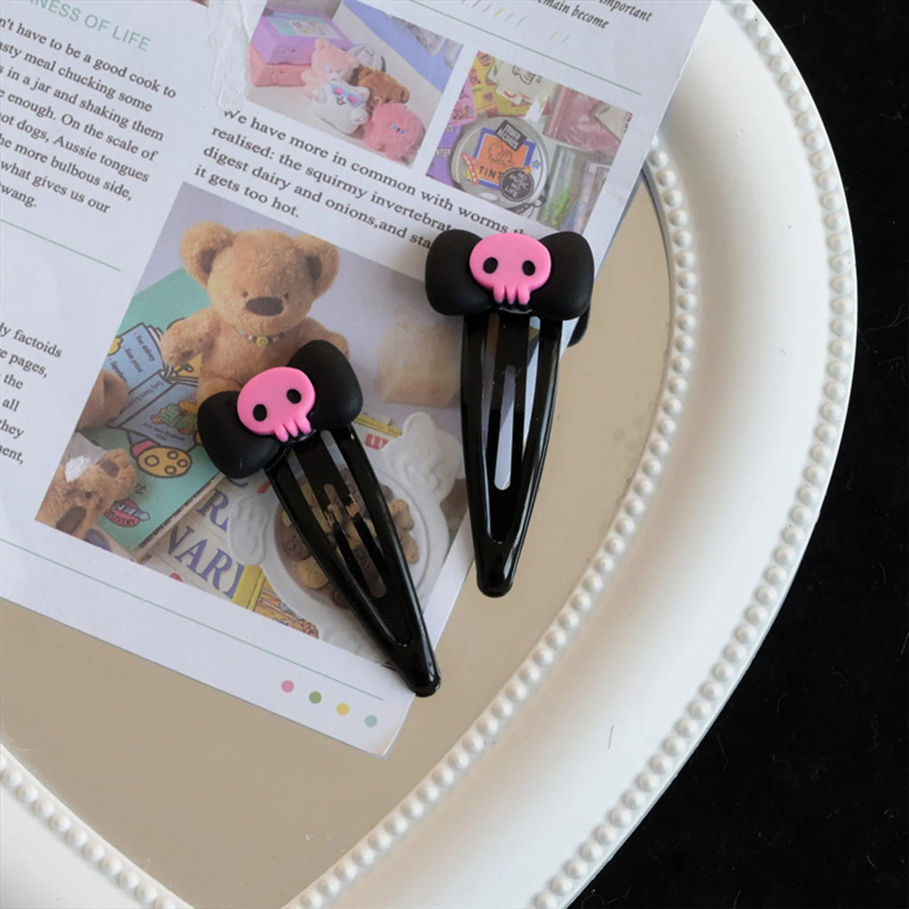 Scene Gothic Pink Skull Bow Hair Clips – Black Snap Barrettes