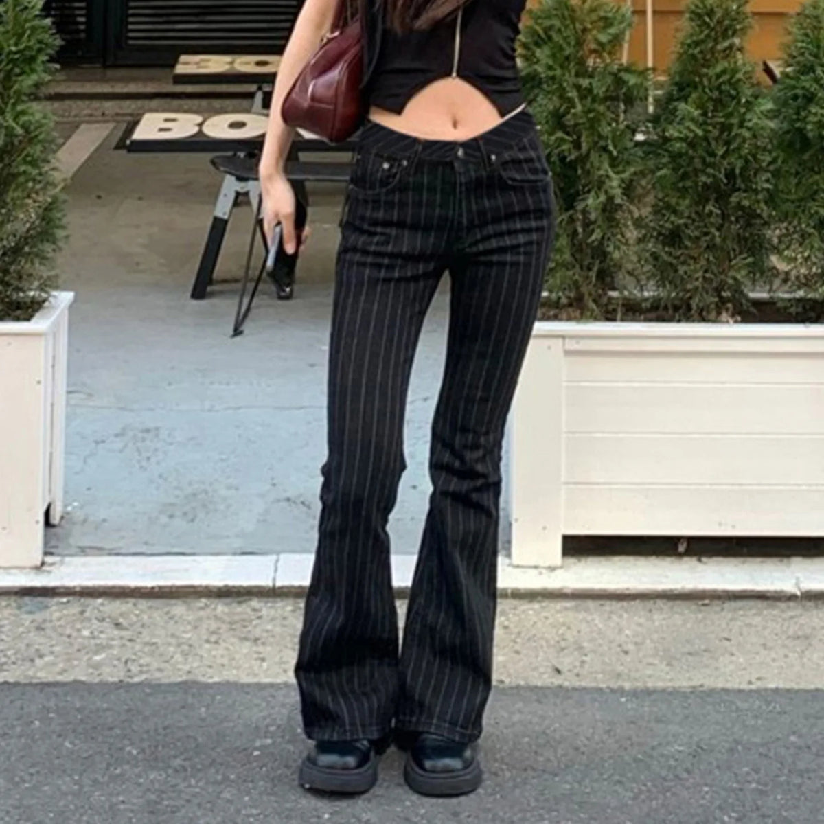 Scene Women’s Black Pinstripe Low-Rise Bootcut Jeans