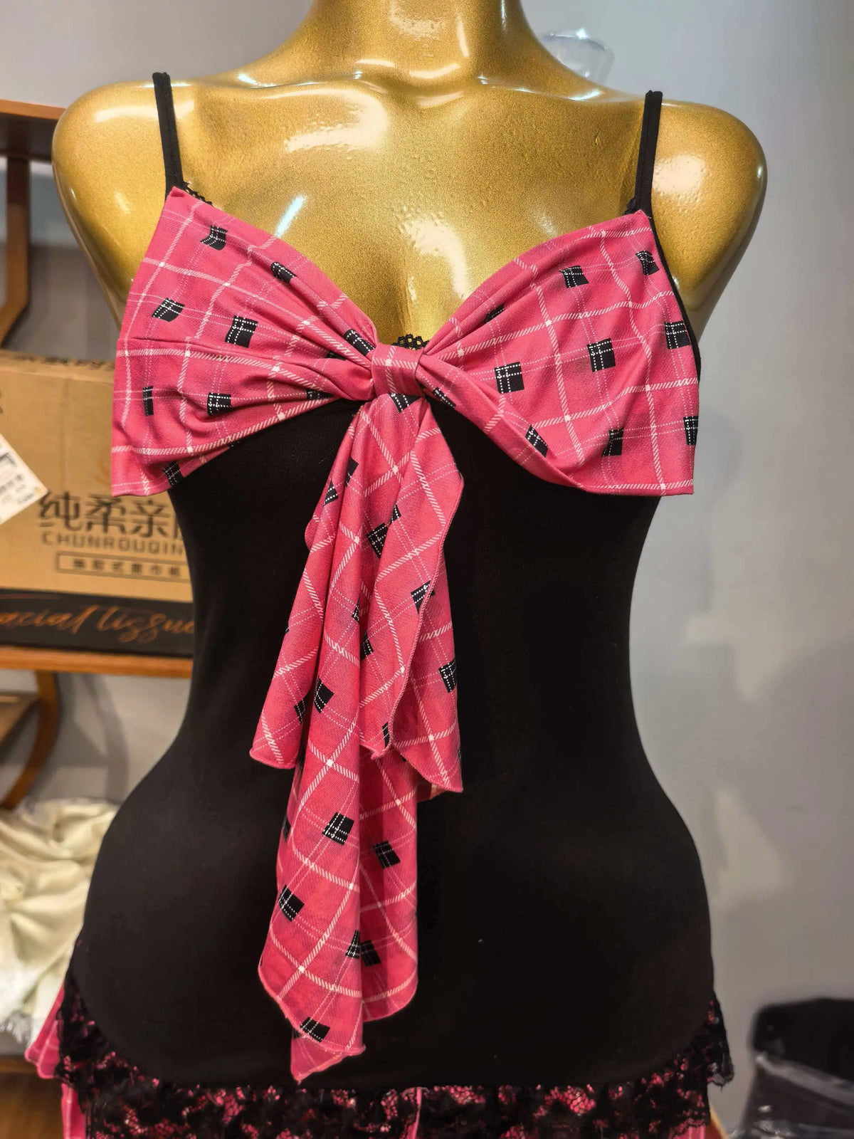 Scene Black and Pink Plaid Bow-Front Lace-Trim Camisole Dress
