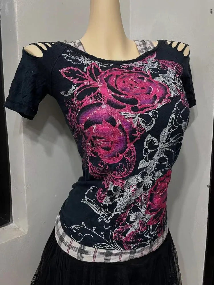 Scene Women's Black Floral Rose Print Cutout-Shoulder Top