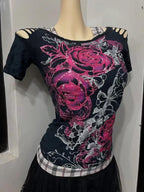 Scene Women's Black Floral Rose Print Cutout-Shoulder Top