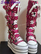 Scene Rose Red Striped Knee-High Platform Boots with Star Buckle Straps