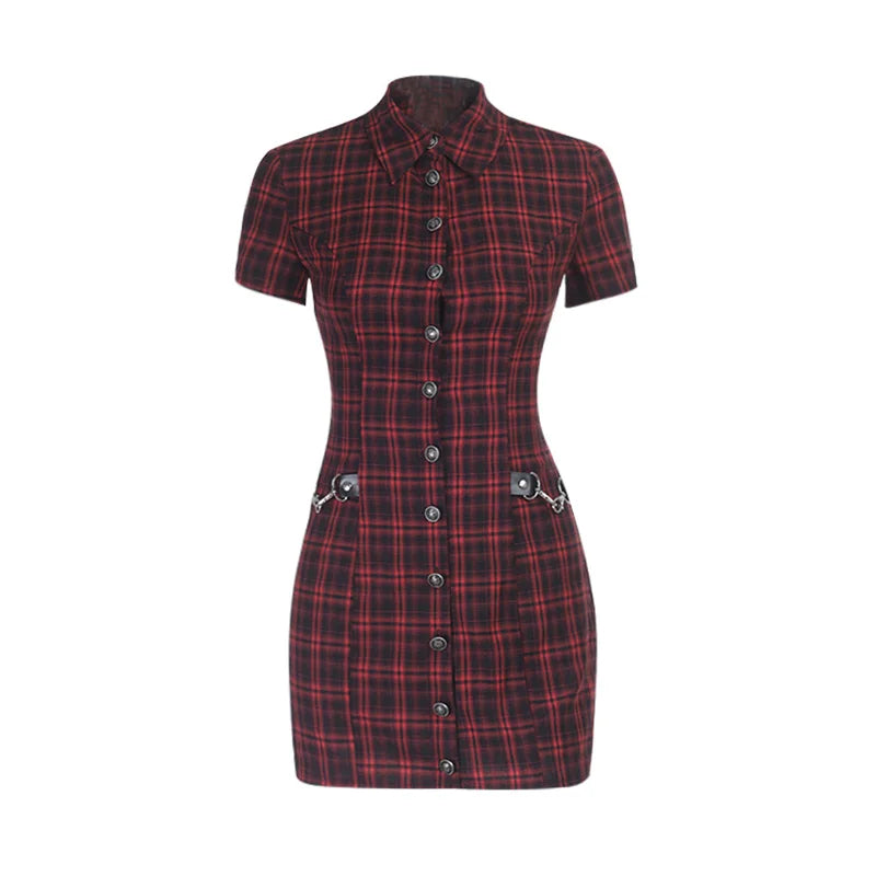 Scene Women's Red Plaid Gothic Mini Dress with Chain Details