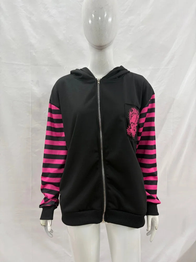 Scene Women's Black and Pink Skull Print Zip-Up Hoodie