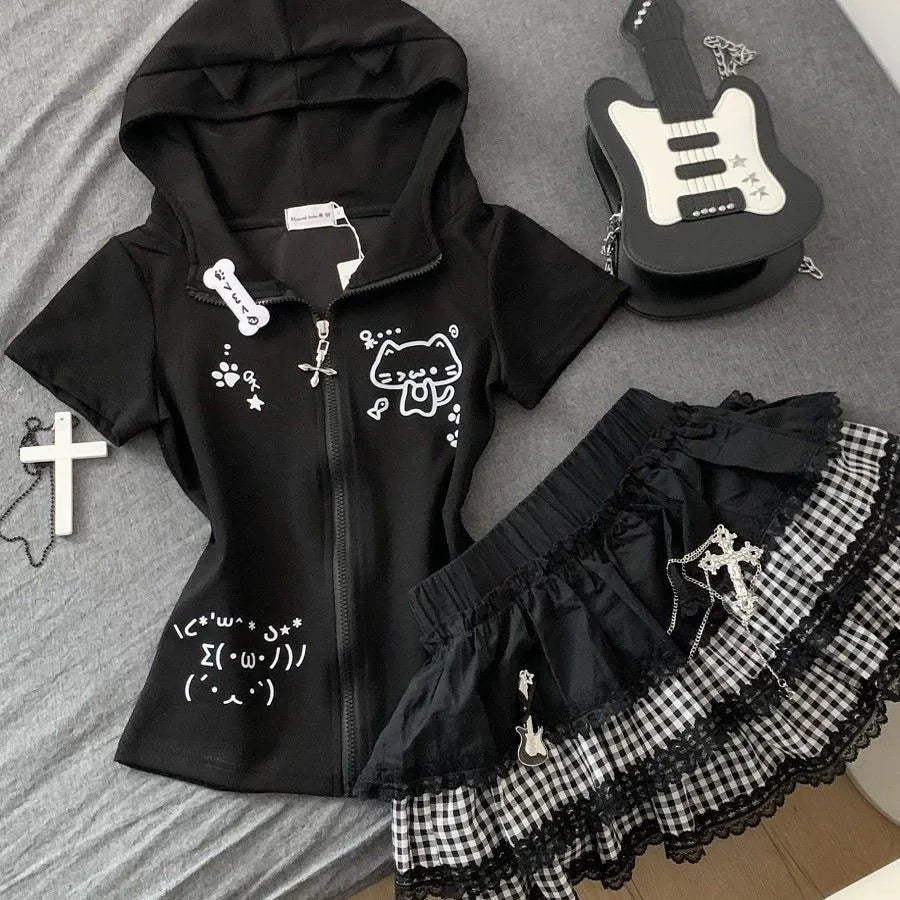 Scene Black Plaid Lace-Trim Mini Skirt with Layered Ruffles
