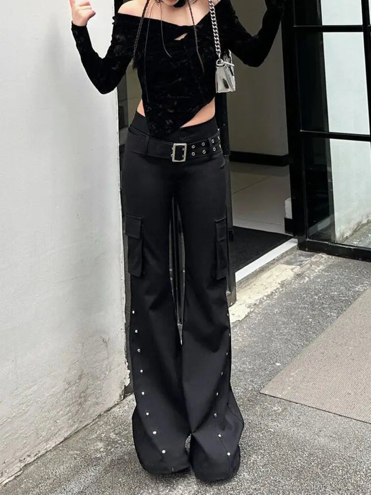 Scene Black Low-Waisted Flared Pants with Rivet Details