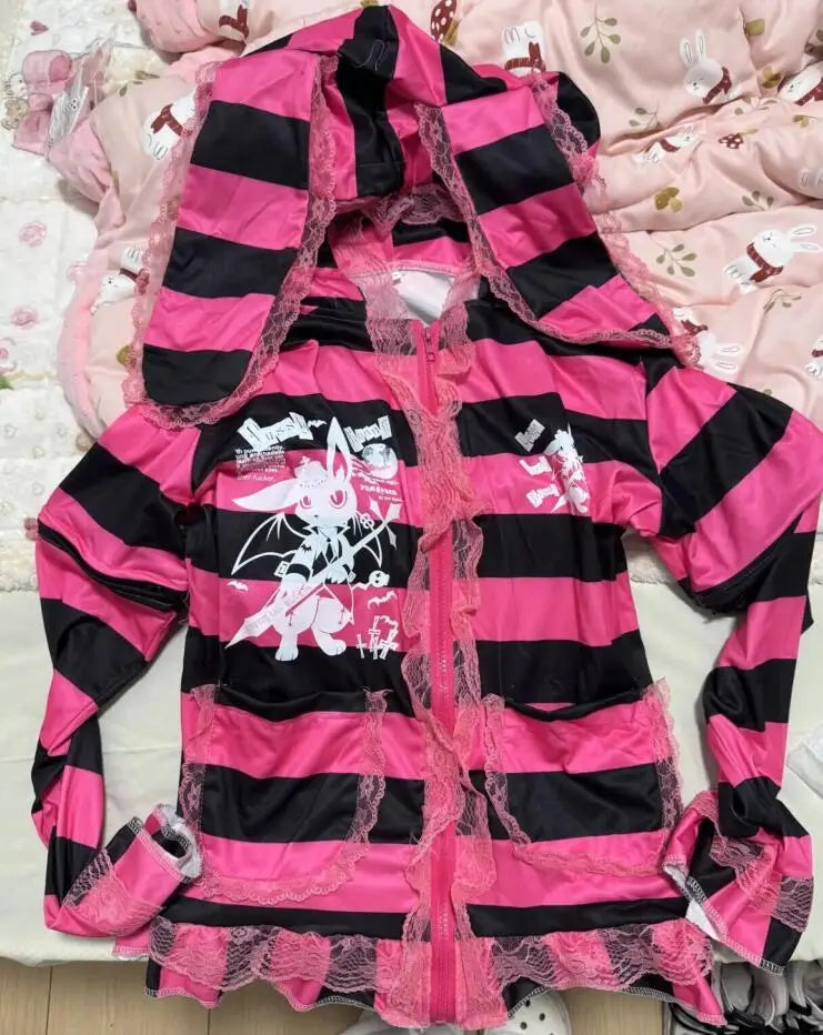 Scene Pink and Black Striped Lace-Trim Hooded Jacket