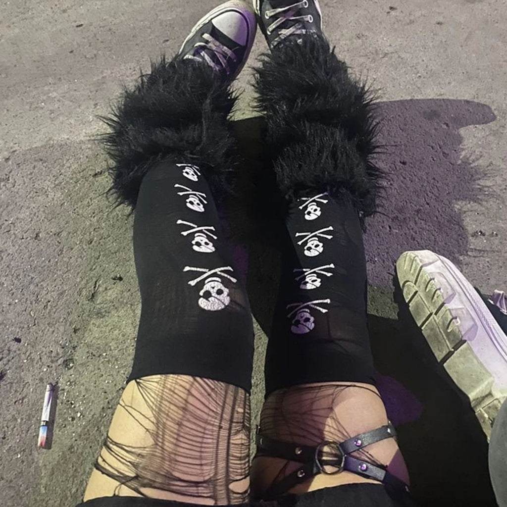Scene Black Skull Print Knee-High Socks