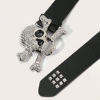 Scene Black Studded Rhinestone Skull Buckle Belt, 105cm