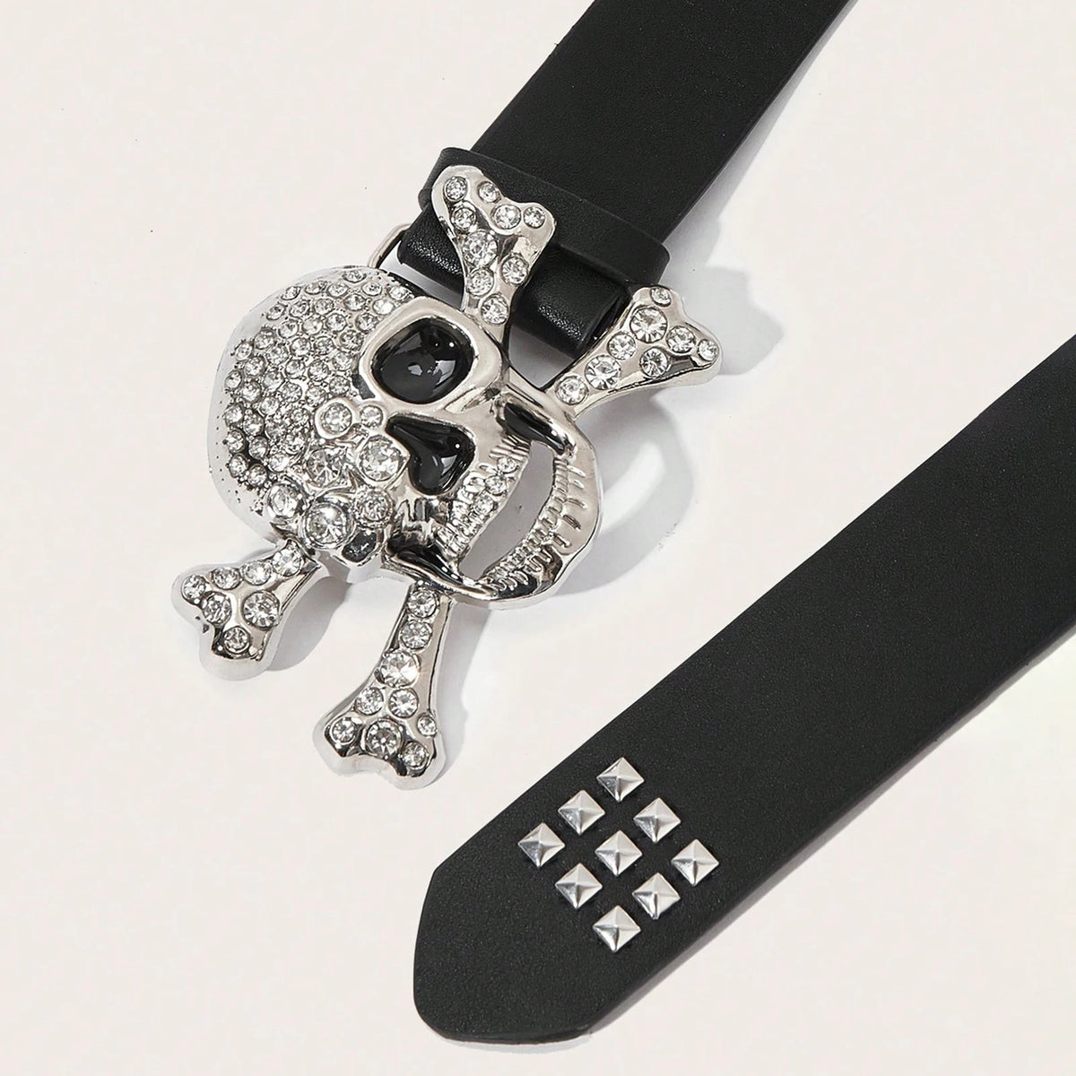 Scene Black Studded Rhinestone Skull Buckle Belt, 105cm