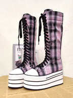 Scene Pink & Black Plaid Platform Knee-High Lace-Up Boots