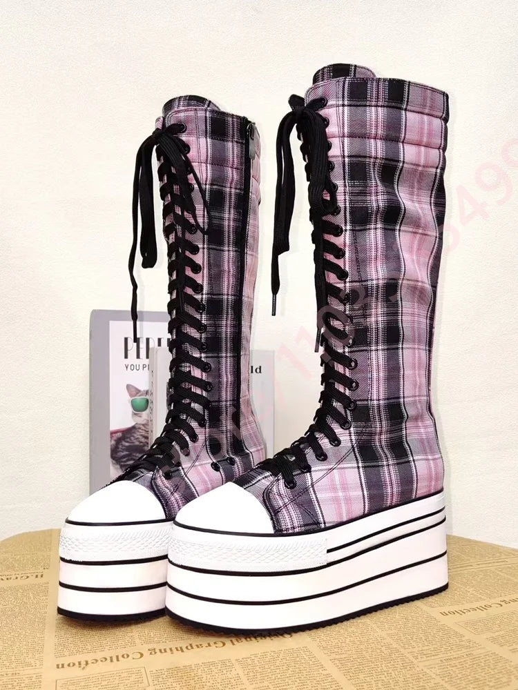 Scene Pink & Black Plaid Platform Knee-High Lace-Up Boots