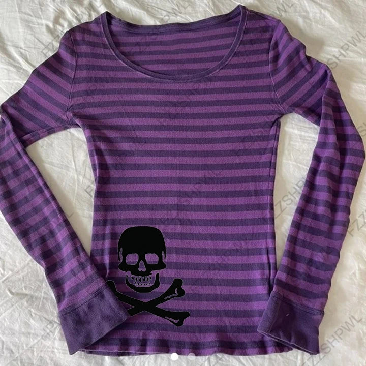 Scene Women's Striped Long-Sleeve Skull Graphic Top