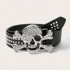 Scene Black Studded Rhinestone Skull Buckle Belt, 105cm