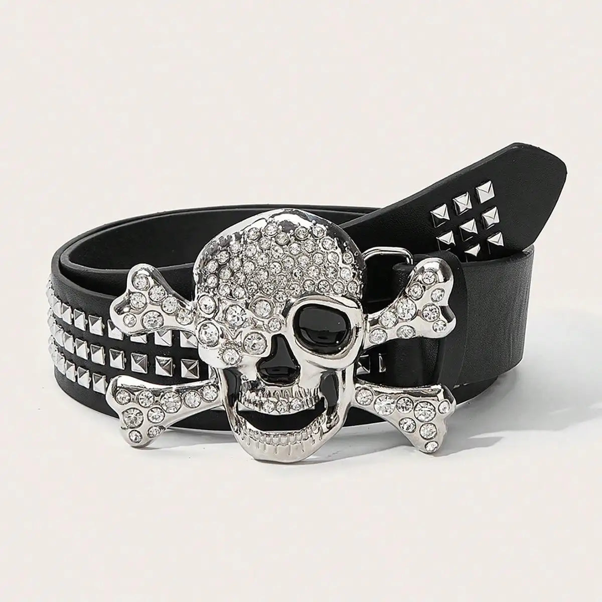 Scene Black Studded Rhinestone Skull Buckle Belt, 105cm