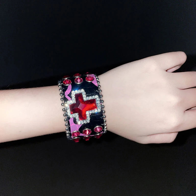 Scene Gothic Leather Crystal Cross Cuff Bracelet