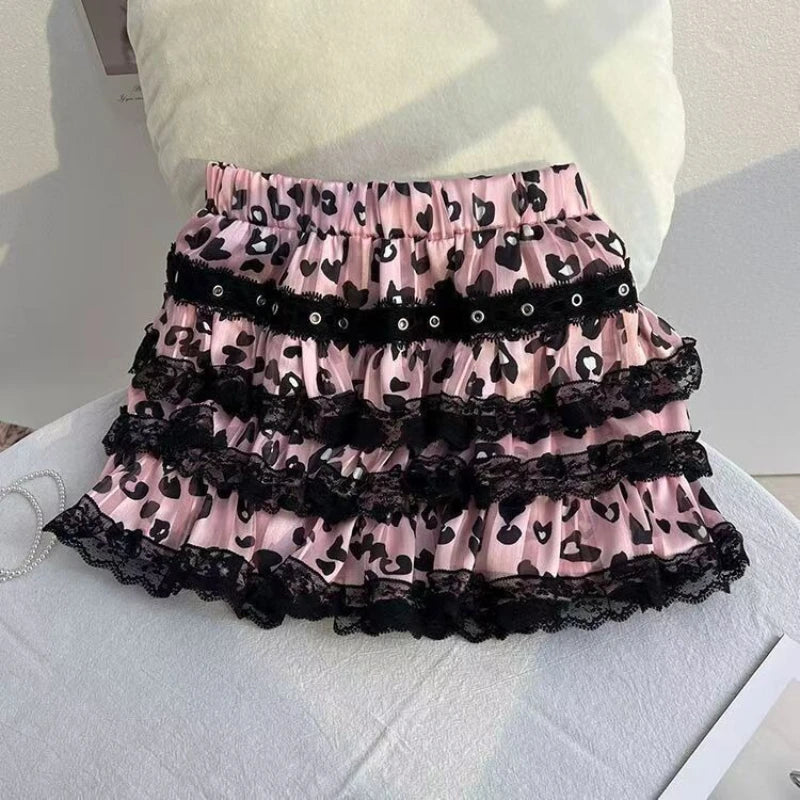 Scene Gothic Y2K Lace-Trimmed Layered Ruffle Mini Skirt