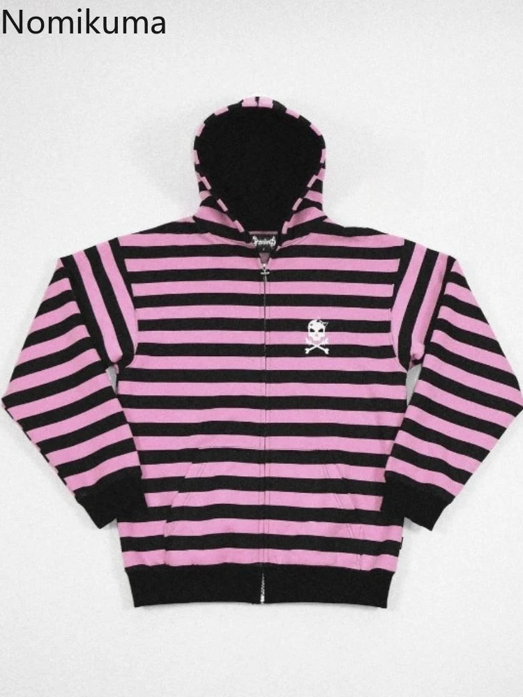 Scene Striped Skull Graphic Zip-Up Hoodie
