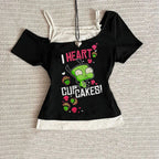 Scene Women's Black Graphic Short-Sleeve T-Shirt with Contrast Layered Detail