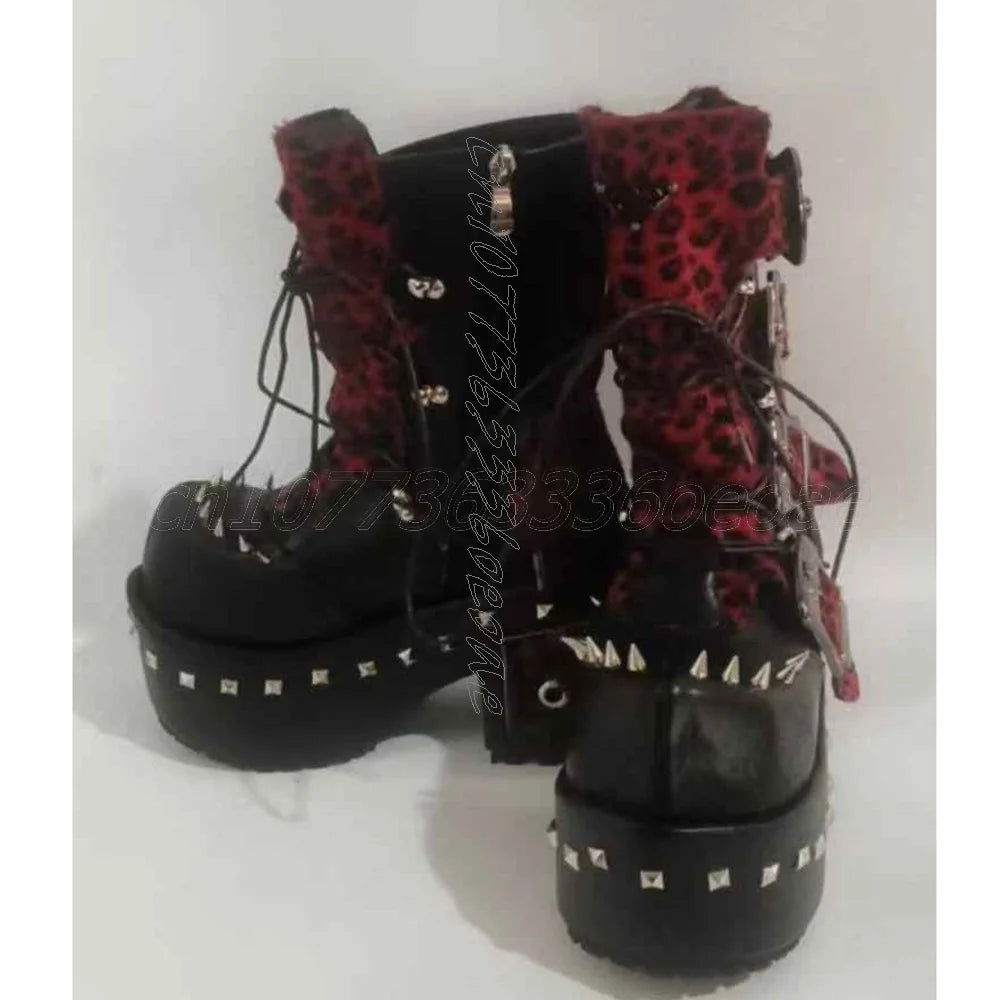 Scene Leopard Print Platform Boots with Buckles and Rivets