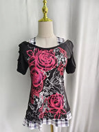Scene Women's Black Floral Rose Print Cutout-Shoulder Top