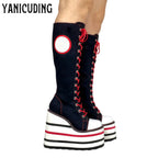 Scene Skeleton Embroidered Canvas Knee-High Wedge Platform Boots – Black with Red Laces