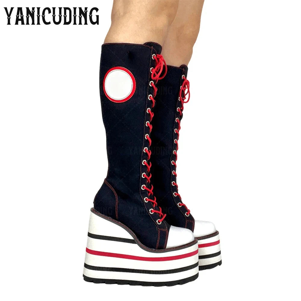 Scene Skeleton Embroidered Canvas Knee-High Wedge Platform Boots – Black with Red Laces