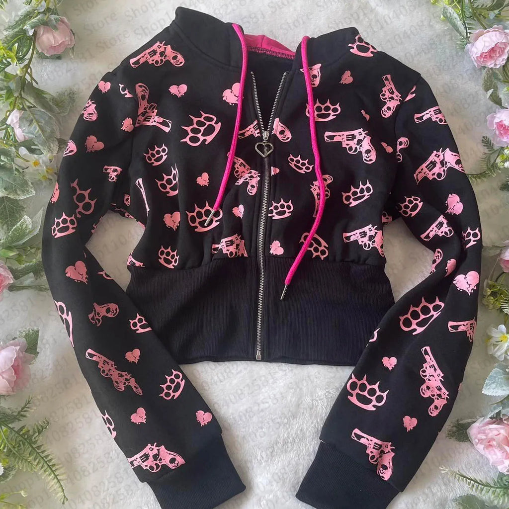 Scene Women's Black and Pink Graphic Zip-Up Hoodie