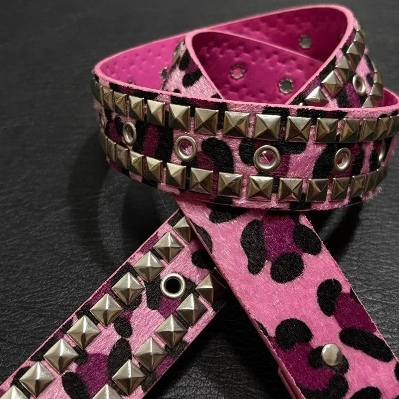 Scene Pink Leopard-Print Pyramid Stud PU Belt