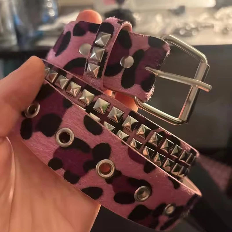 Scene Pink Leopard-Print Pyramid Stud PU Belt
