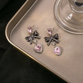 Scene Pink Rhinestone Bow and Heart Drop Earrings