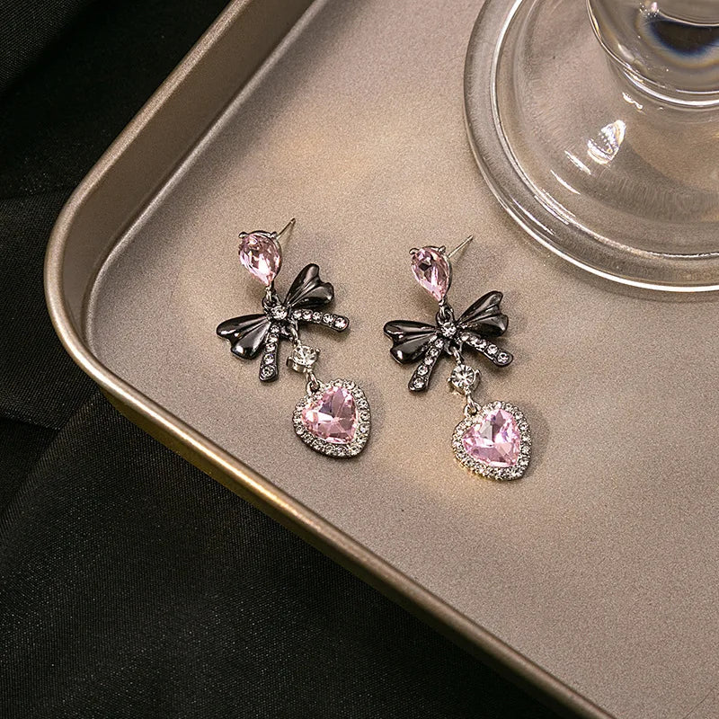 Scene Pink Rhinestone Bow and Heart Drop Earrings