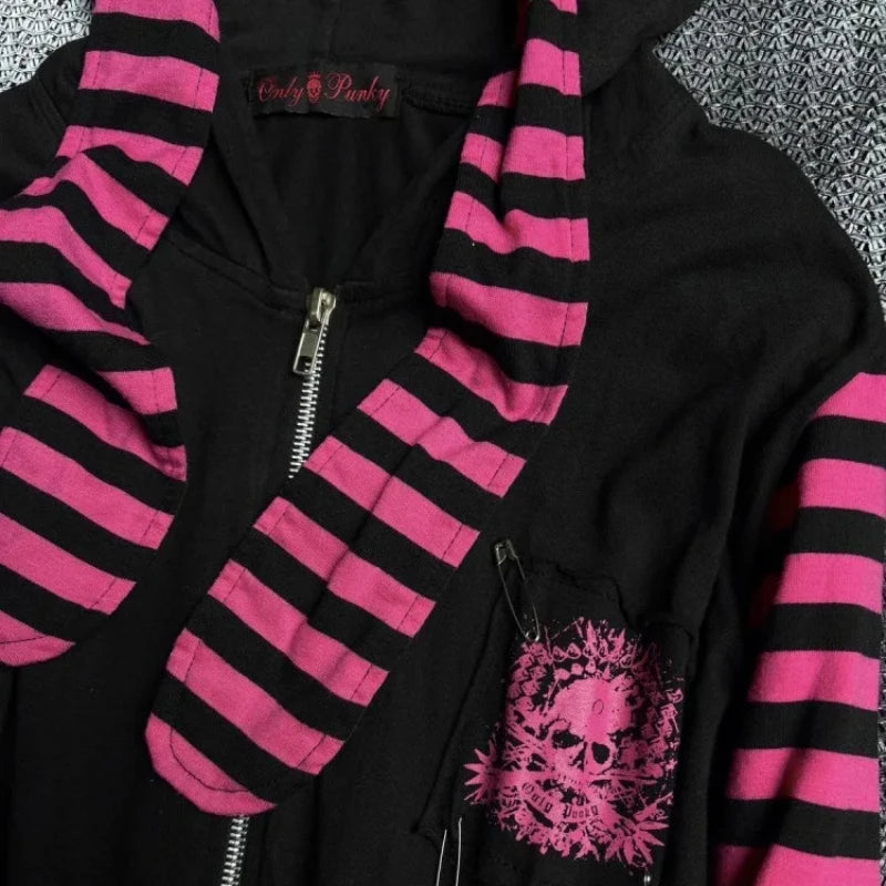 Scene Women's Black and Pink Skull Print Zip-Up Hoodie