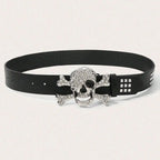 Scene Black Studded Rhinestone Skull Buckle Belt, 105cm