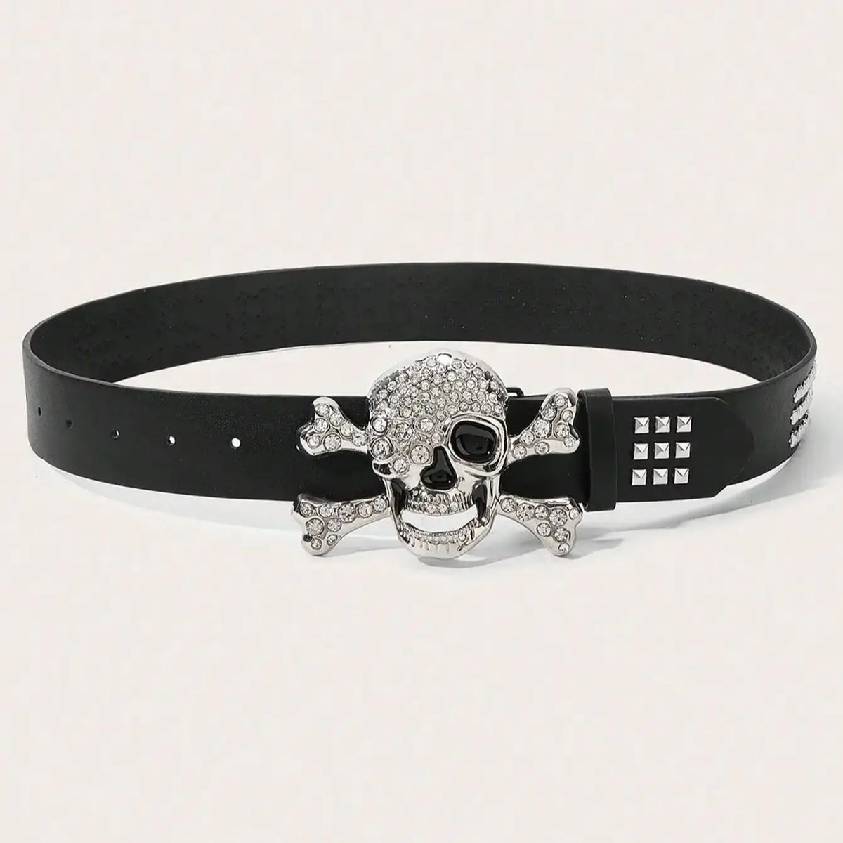 Scene Black Studded Rhinestone Skull Buckle Belt, 105cm