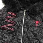 Scene Women's Skull Print Hooded Jacket with Faux-Fur Trim