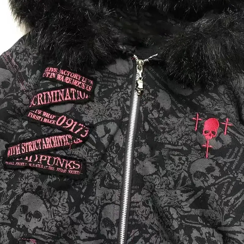 Scene Women's Skull Print Hooded Jacket with Faux-Fur Trim