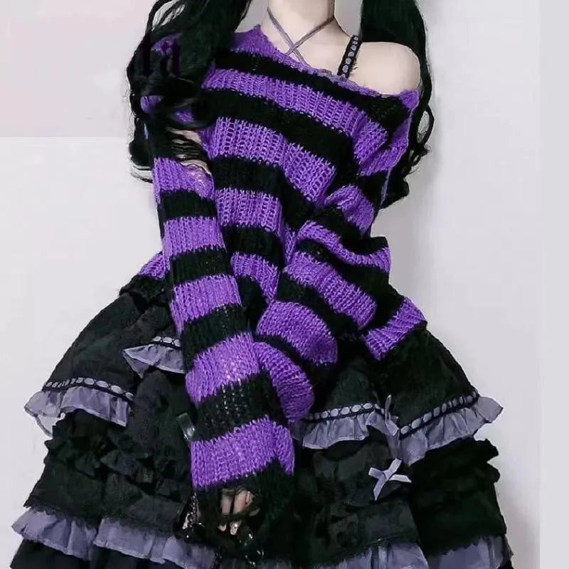 Scene Striped Distressed Knit Pullover Sweater