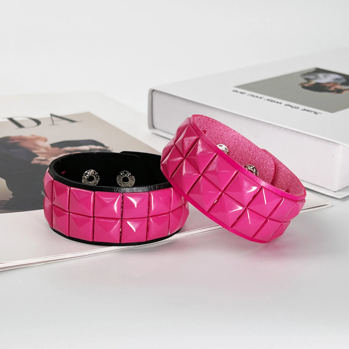 Scene Hot Pink Pyramid-Stud Adjustable Cuff Bracelet