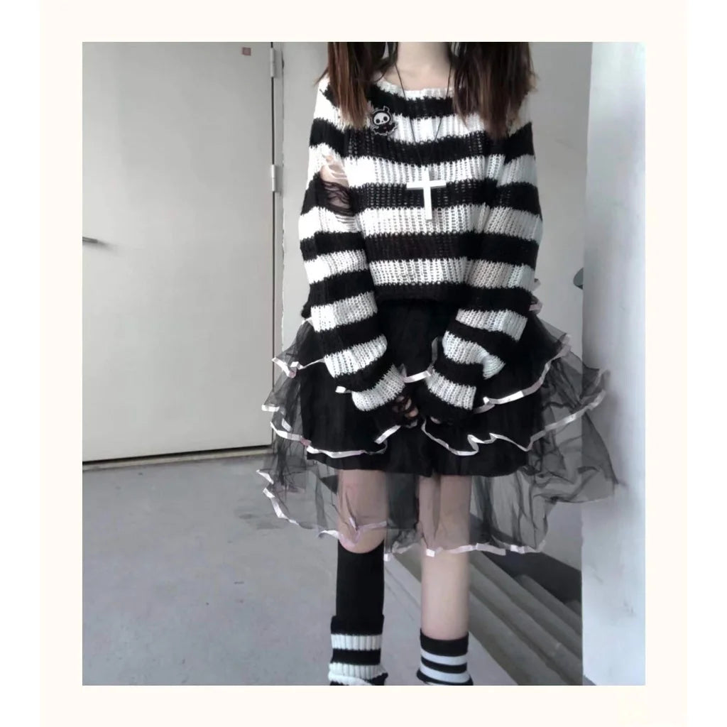Scene Striped Distressed Knit Pullover Sweater