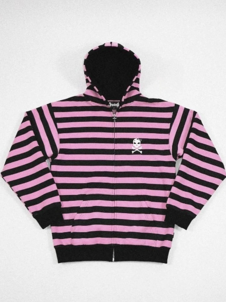 Scene Striped Skull Graphic Zip-Up Hoodie