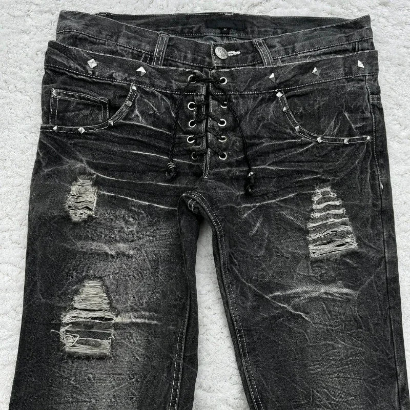 Scene Black Distressed Lace-Up Micro-Flare Jeans
