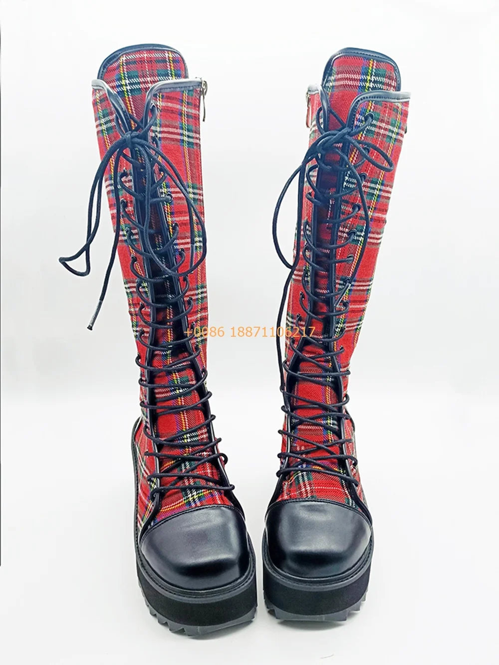 Scene Red Plaid Knee-High Lace-Up Platform Boots