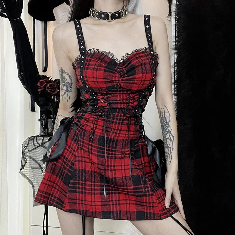 Women's Scene Red and Black Plaid Lace-Up Mini Dress