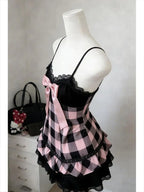 Scene Pink and Black Plaid Bow-Detail Lace-Trim Mini Dress