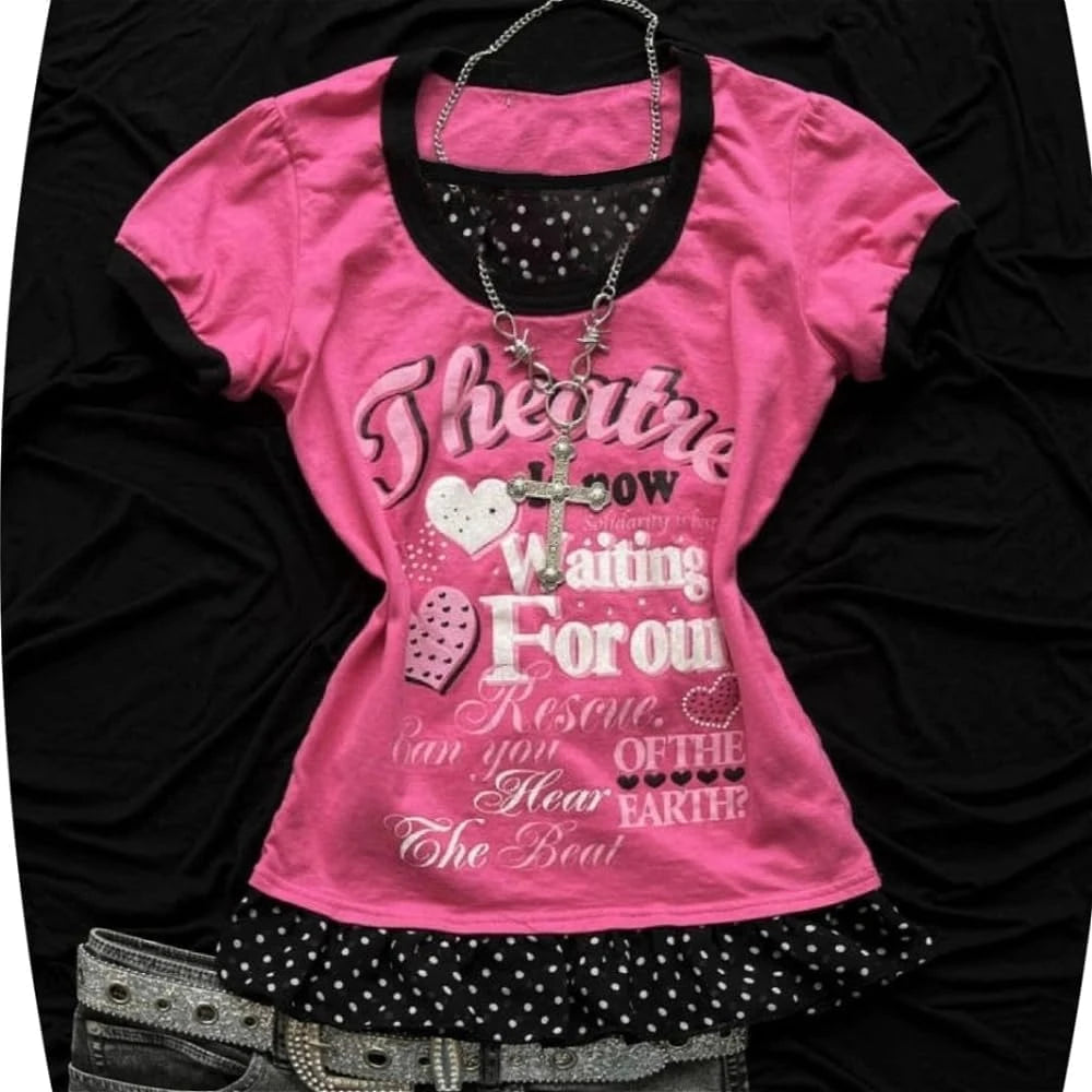 Scene Pink Graphic Short-Sleeve T-Shirt with Polka-Dot Hem