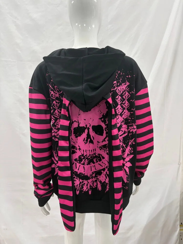Scene Women's Black and Pink Skull Print Zip-Up Hoodie
