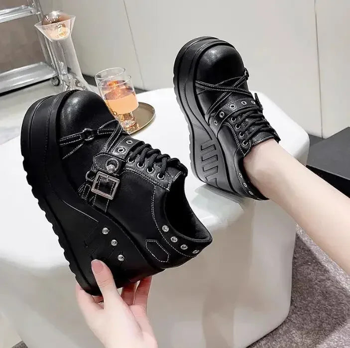 Scene Black Platform Mary Jane Shoes with Buckle and Stud Details
